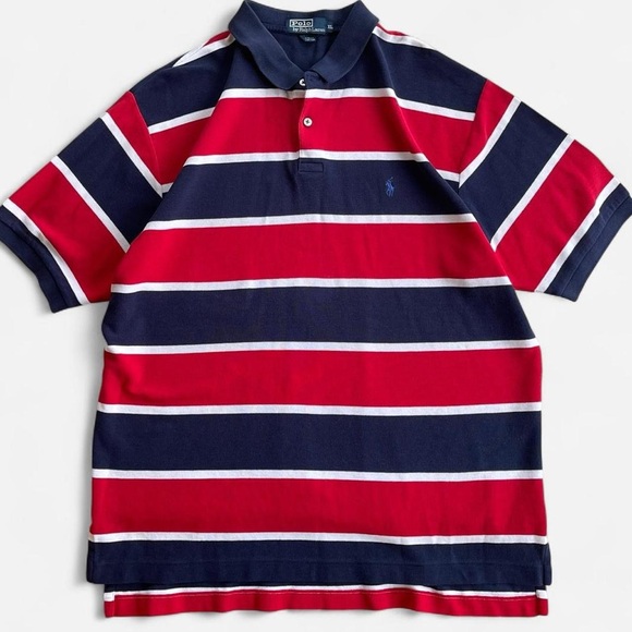 Vintage Polo Ralph Lauren Red White Navy Blue Striped Short Sleeve Shirt XL - Picture 1 of 8
